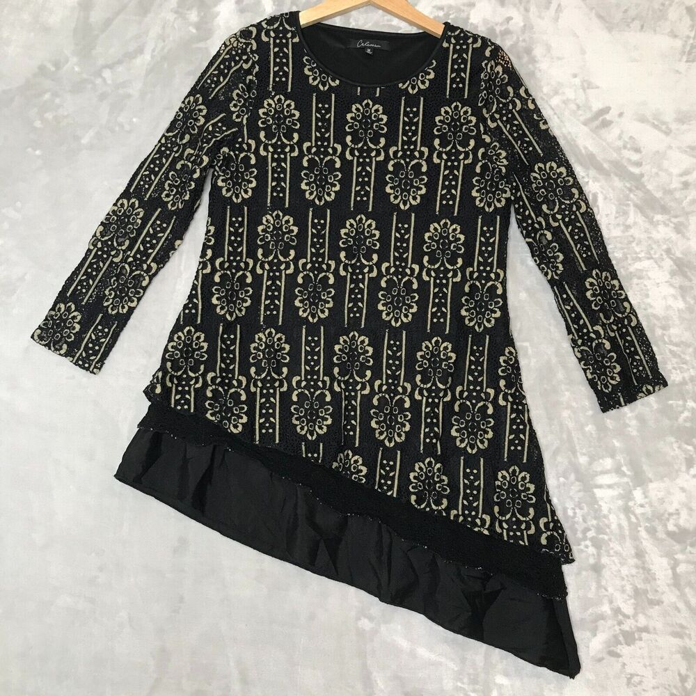 Calessa Top Womens Medium Black Tan Lace Asymmetric Hem Semi Sheer Sleeve